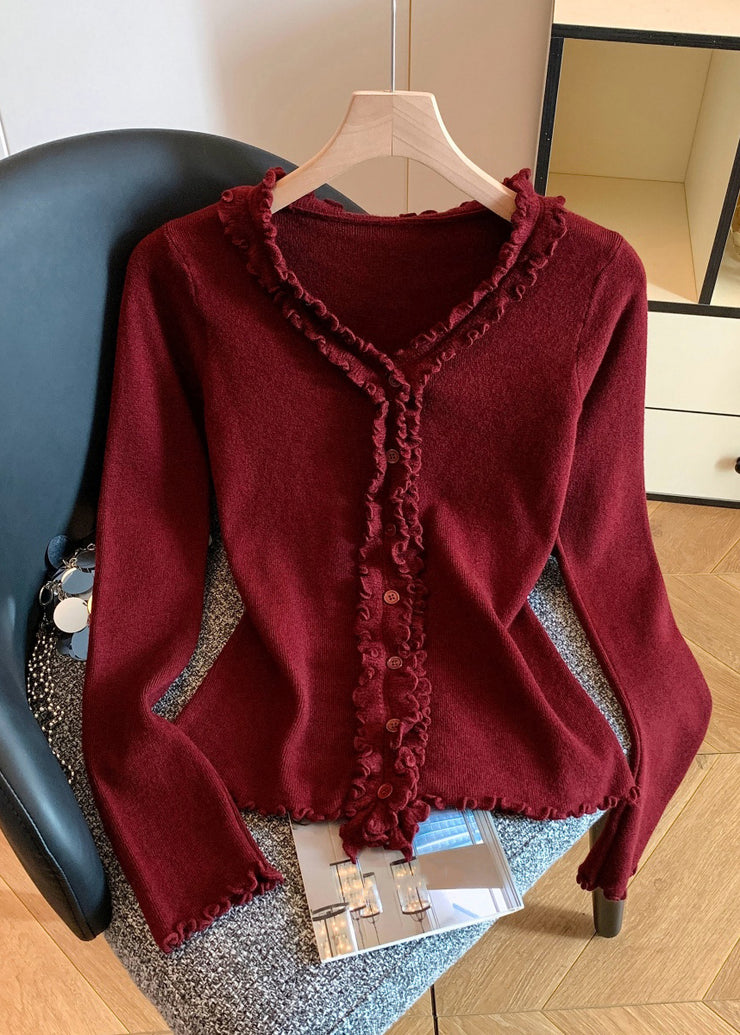 Simple Red V Neck Ruffled Knit Sweater Fall