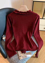 Simple Red V Neck Ruffled Knit Sweater Fall
