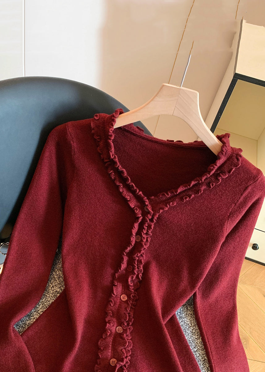 Simple Red V Neck Ruffled Knit Sweater Fall – SooLinen