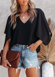 Simple Rose V Neck Solid Cotton T Shirt Summer