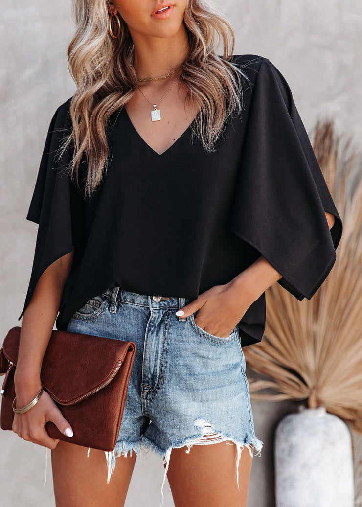 Simple Rose V Neck Solid Cotton T Shirt Summer
