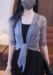 Simple Rose V Neck Solid Lace Up Tulle Cardigans Half Sleeve