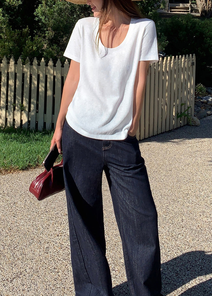 Simple Style White U Neck Cotton T Shirt Top Summer