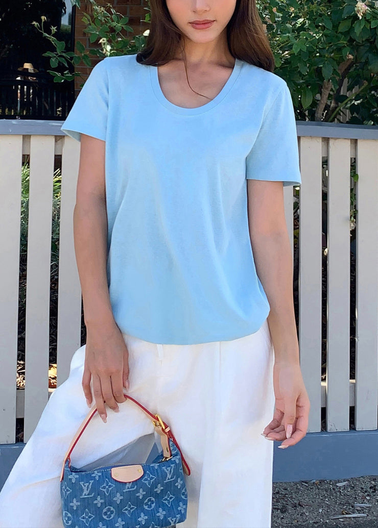 Simple Style White U Neck Cotton T Shirt Top Summer