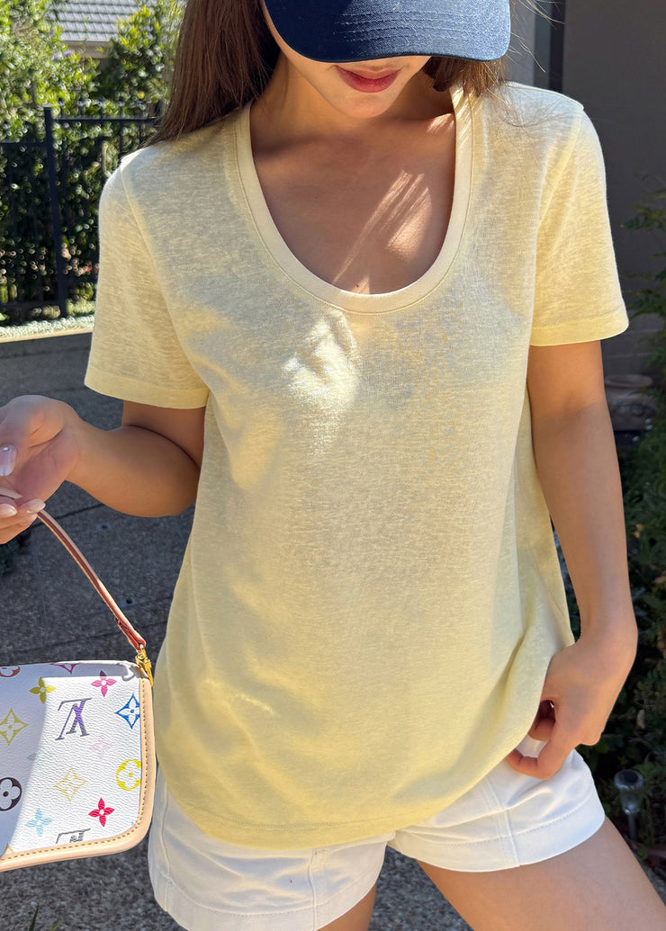 Simple Style White U Neck Cotton T Shirt Top Summer