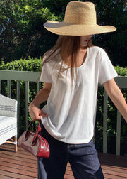 Simple Style White U Neck Cotton T Shirt Top Summer