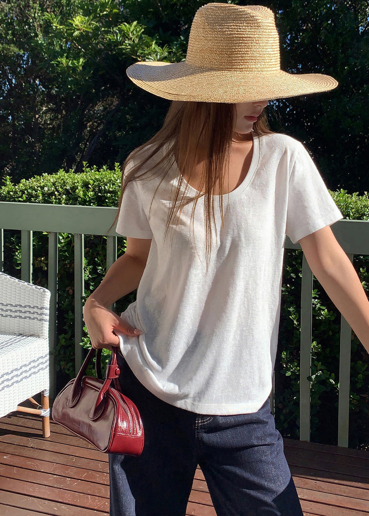 Simple Style White U Neck Cotton T Shirt Top Summer