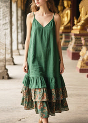 Simple Tea Green Oversized Patchwork Linen Mini Dress Summer