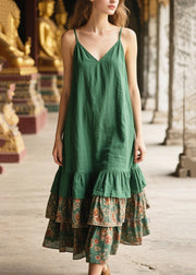 Simple Tea Green Oversized Patchwork Linen Mini Dress Summer