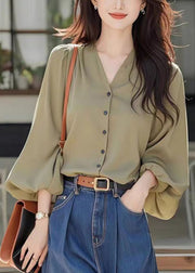 Simple Wasabi Green V Neck Button Solid Cotton Blouses Fall