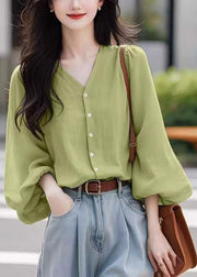 Simple Wasabi Green V Neck Button Solid Cotton Blouses Fall