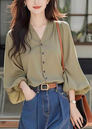 Simple Wasabi Green V Neck Button Solid Cotton Blouses Fall