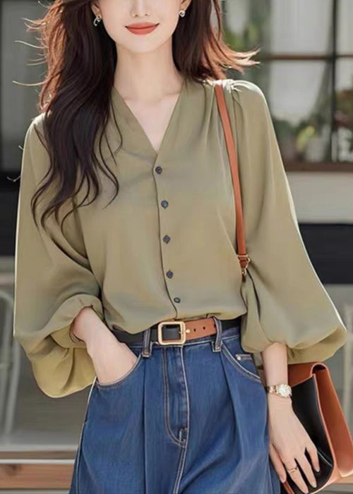 Simple Wasabi Green V Neck Button Solid Cotton Blouses Fall