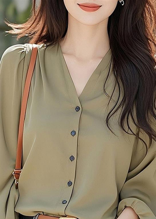 Simple Wasabi Green V Neck Button Solid Cotton Blouses Fall