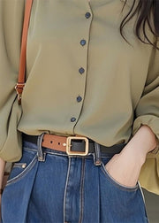 Simple Wasabi Green V Neck Button Solid Cotton Blouses Fall