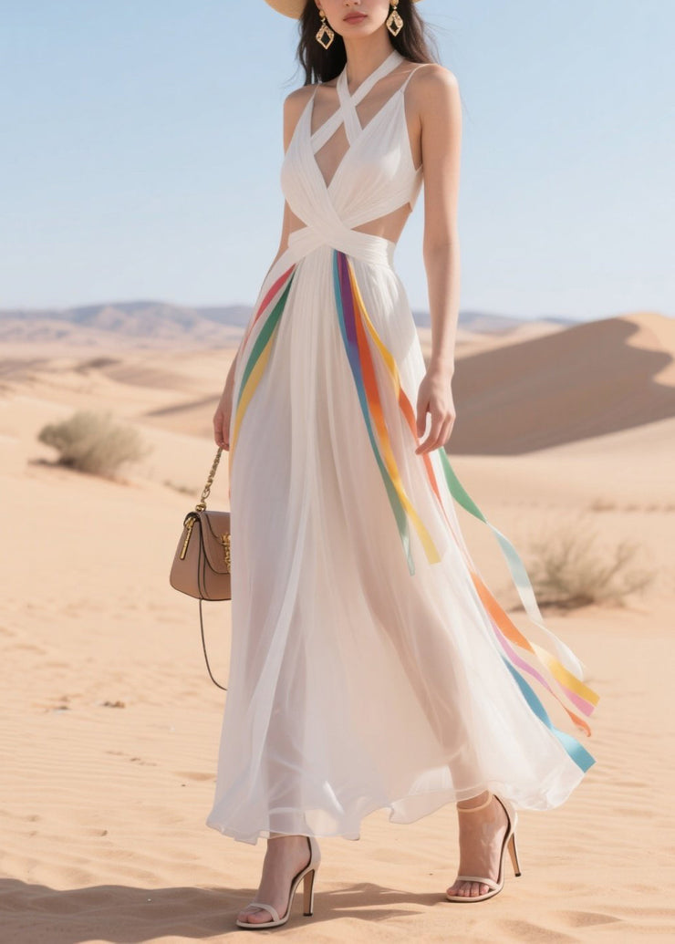 Simple White Bandage Multicolour Ribbon Chiffon Mini Dress Summer