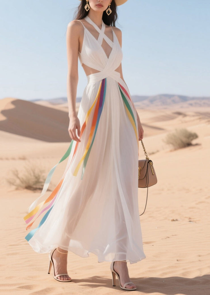 Simple White Bandage Multicolour Ribbon Chiffon Mini Dress Summer