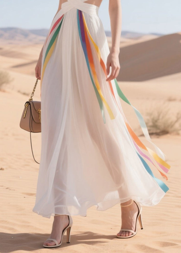 Simple White Bandage Multicolour Ribbon Chiffon Mini Dress Summer