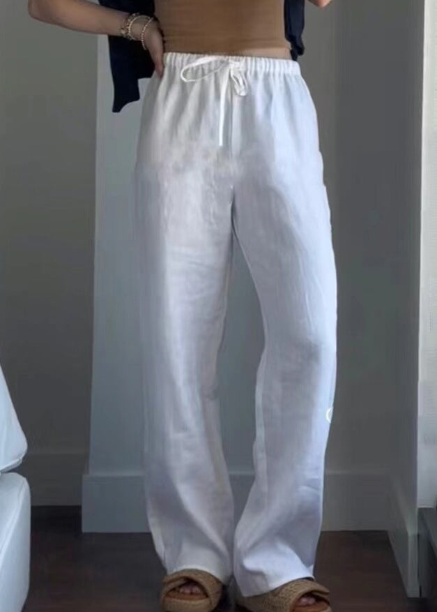 Simple White Elastic Waist Lace Up Linen Pants Summer
