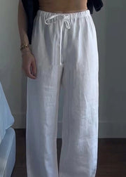 Simple White Elastic Waist Lace Up Linen Pants Summer
