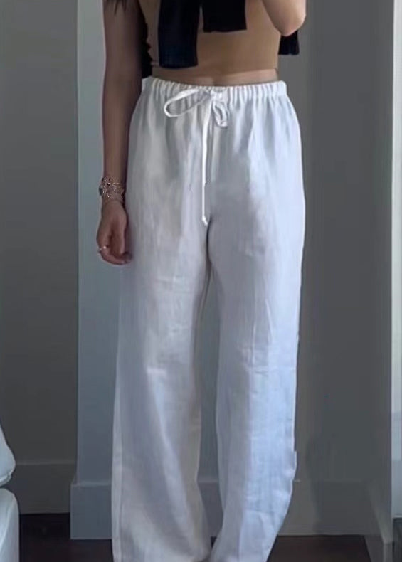 Simple White Elastic Waist Lace Up Linen Pants Summer