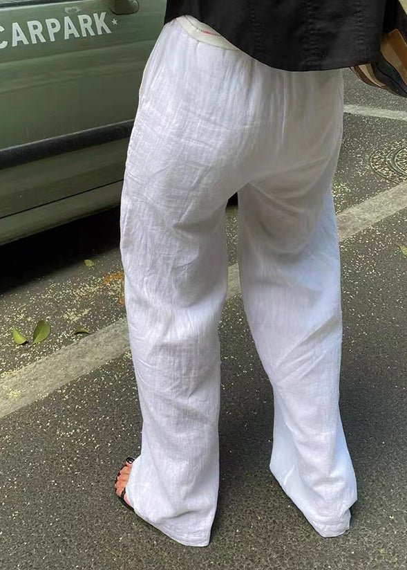 Simple White Elastic Waist Lace Up Linen Pants Summer