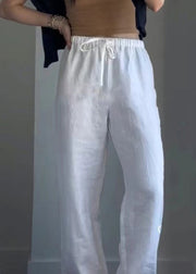 Simple White Elastic Waist Lace Up Linen Pants Summer