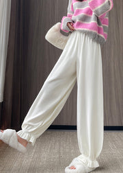 Simple White Elastic Waist Pockets Knit Pants Fall