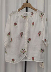Simple White Embroidered Linen Shirt Half Sleeve