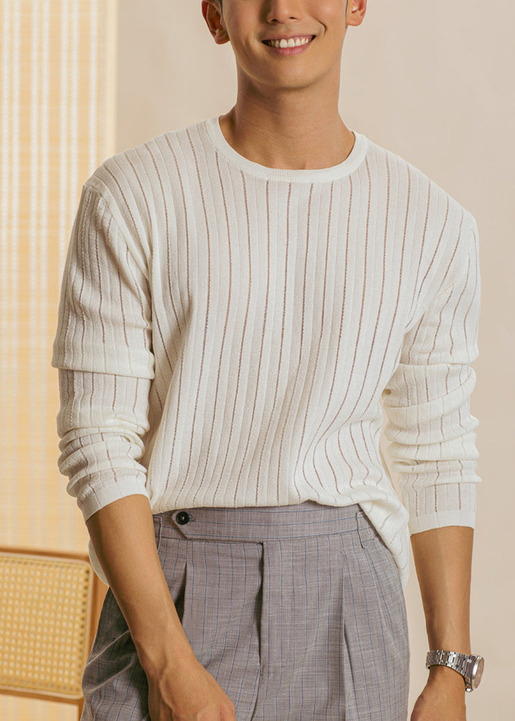 Simple White Hollow Out Thin Knit Mens T Shirt Fall