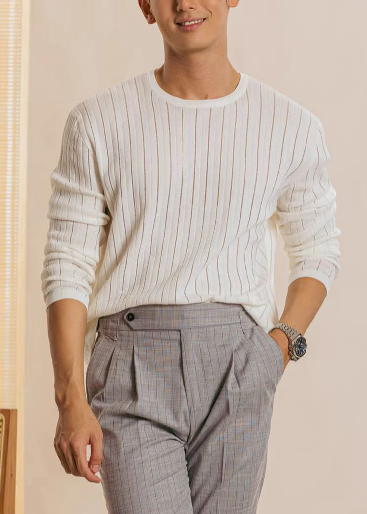 Simple White Hollow Out Thin Knit Mens T Shirt Fall