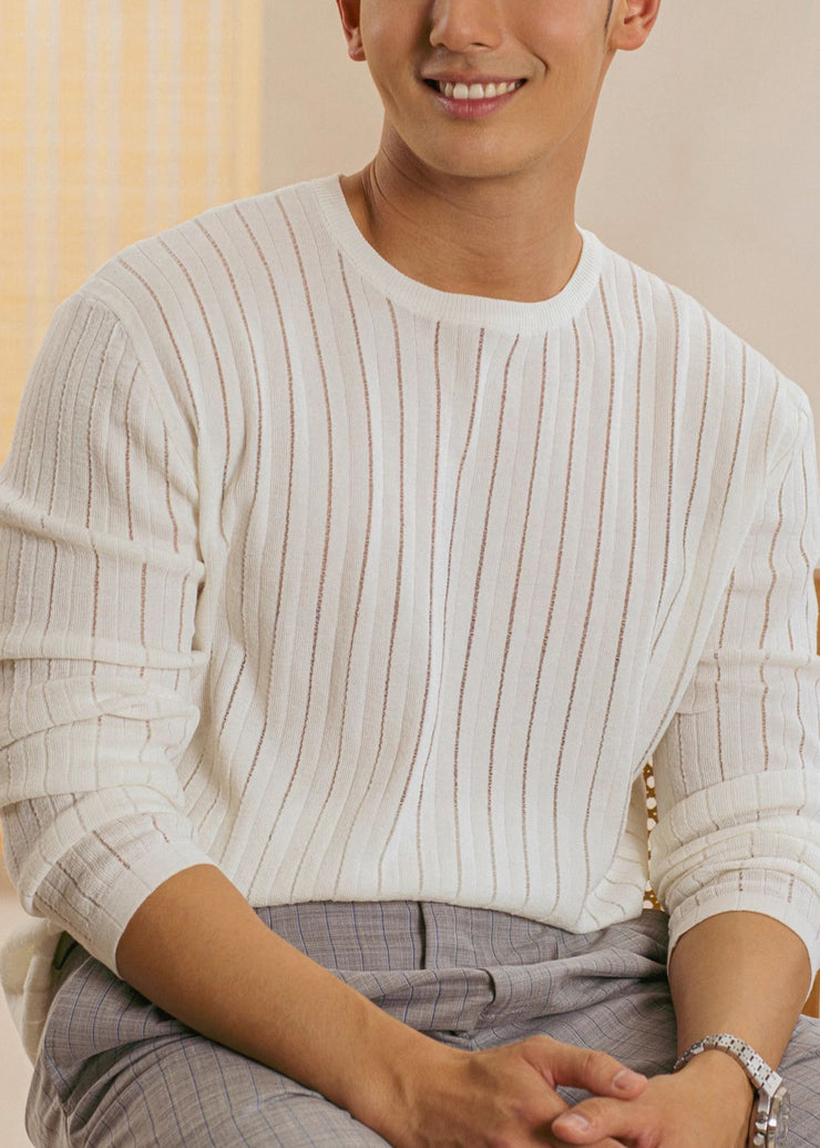 Simple White Hollow Out Thin Knit Mens T Shirt Fall