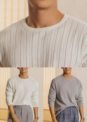 Simple White Hollow Out Thin Knit Mens T Shirt Fall