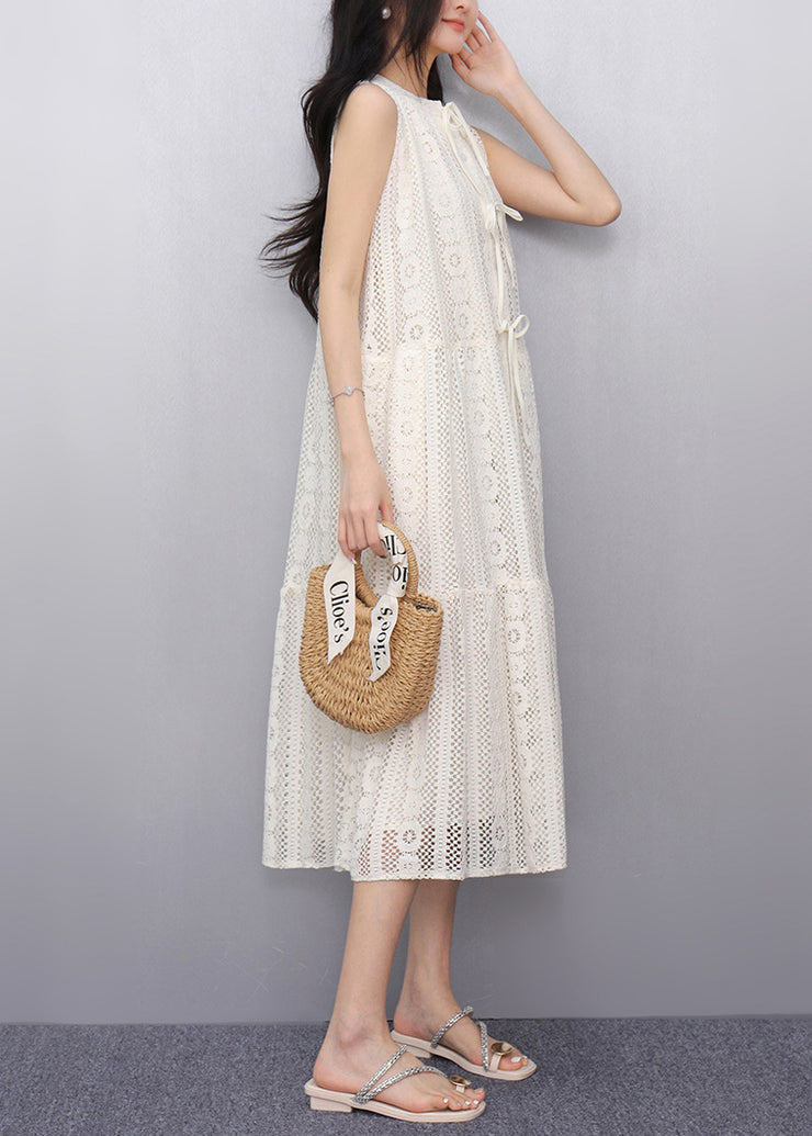 Simple White Hollow Out Tulle A Line Dress Sleeveless