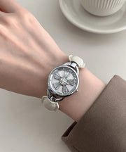 Simple White Leather Zircon Hardlex Crystal Watches