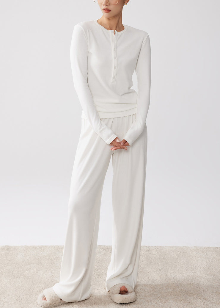 Simple White O Neck Button T Shirt And Wide Leg Pants Cotton Two-Piece Set Fall