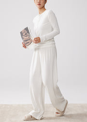 Simple White O Neck Button T Shirt And Wide Leg Pants Cotton Two-Piece Set Fall