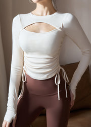 Simple White O-Neck Drawstring Spring Yoga Tops