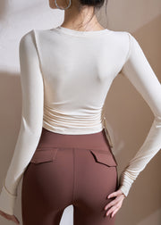 Simple White O-Neck Drawstring Spring Yoga Tops