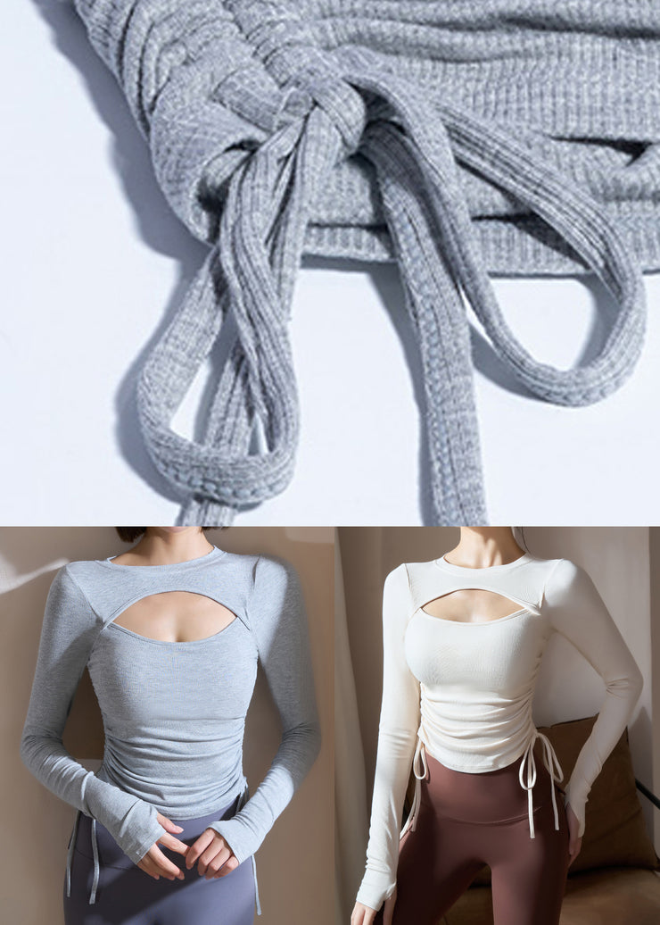 Simple White O-Neck Drawstring Spring Yoga Tops