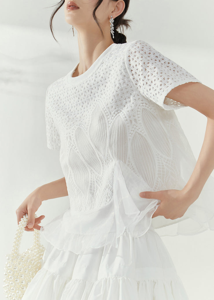 Simple White O-Neck Hollow Out Tulle Patchwork Top Short Sleeve