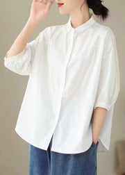 Simple White Oversized Cotton Blouse Tops Bracelet Sleeve