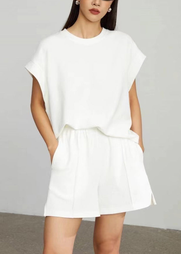Simple White Oversized Cotton Tops And Shorts 2 Piece Outfit Summer
