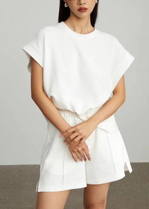 Simple White Oversized Cotton Tops And Shorts 2 Piece Outfit Summer