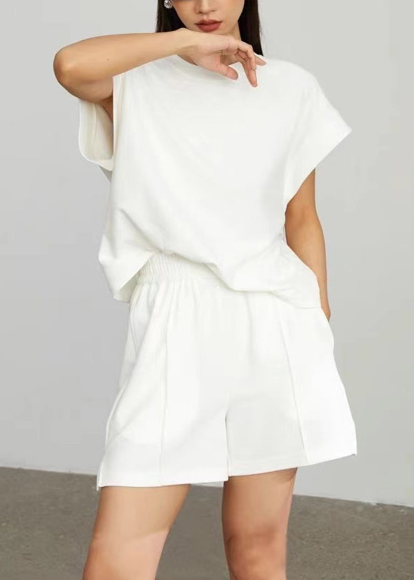 Simple White Oversized Cotton Tops And Shorts 2 Piece Outfit Summer