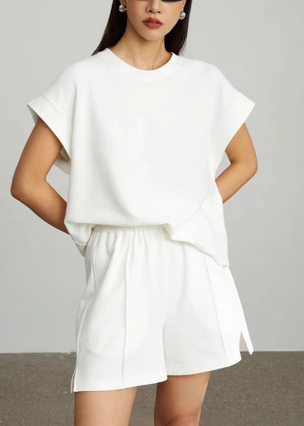 Simple White Oversized Cotton Tops And Shorts 2 Piece Outfit Summer