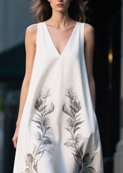 Simple White Oversized Print Chiffon Long Dress Summer