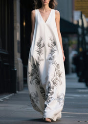 Simple White Oversized Print Chiffon Long Dress Summer