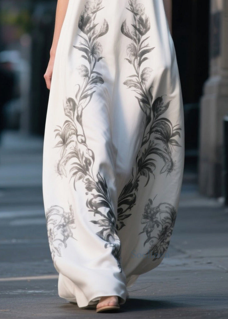 Simple White Oversized Print Chiffon Long Dress Summer