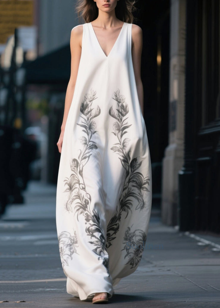 Simple White Oversized Print Chiffon Long Dress Summer